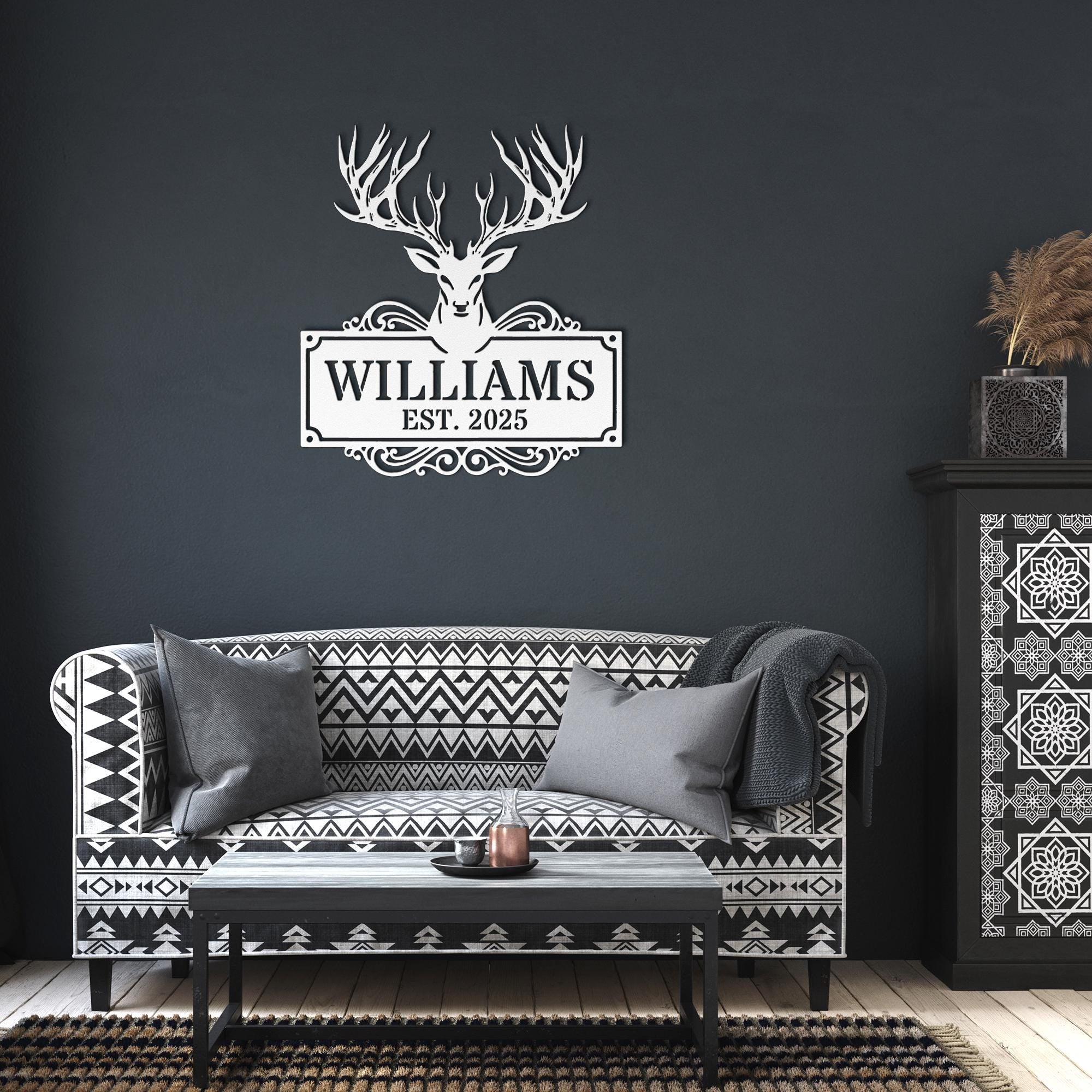 Personalized Antler Sign, Deer Head Metal Monogram, Custom Family Name Sign, Rustic Hunting Cabin Decor, Die Cut Art