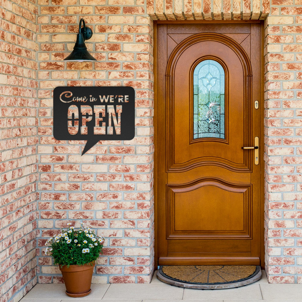 Come In We're Open Speech Bubble Die-Cut Metal Sign, Business Store Door Decor