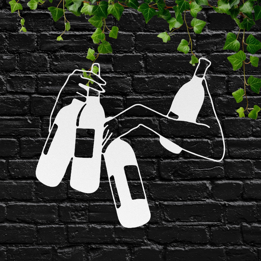 Hands Holding Wine Bottles Metal Art | Abstract Bar Decor Sign | Drink Enthusiast Silhouette | Kitchen or Cellar Wall Hanging