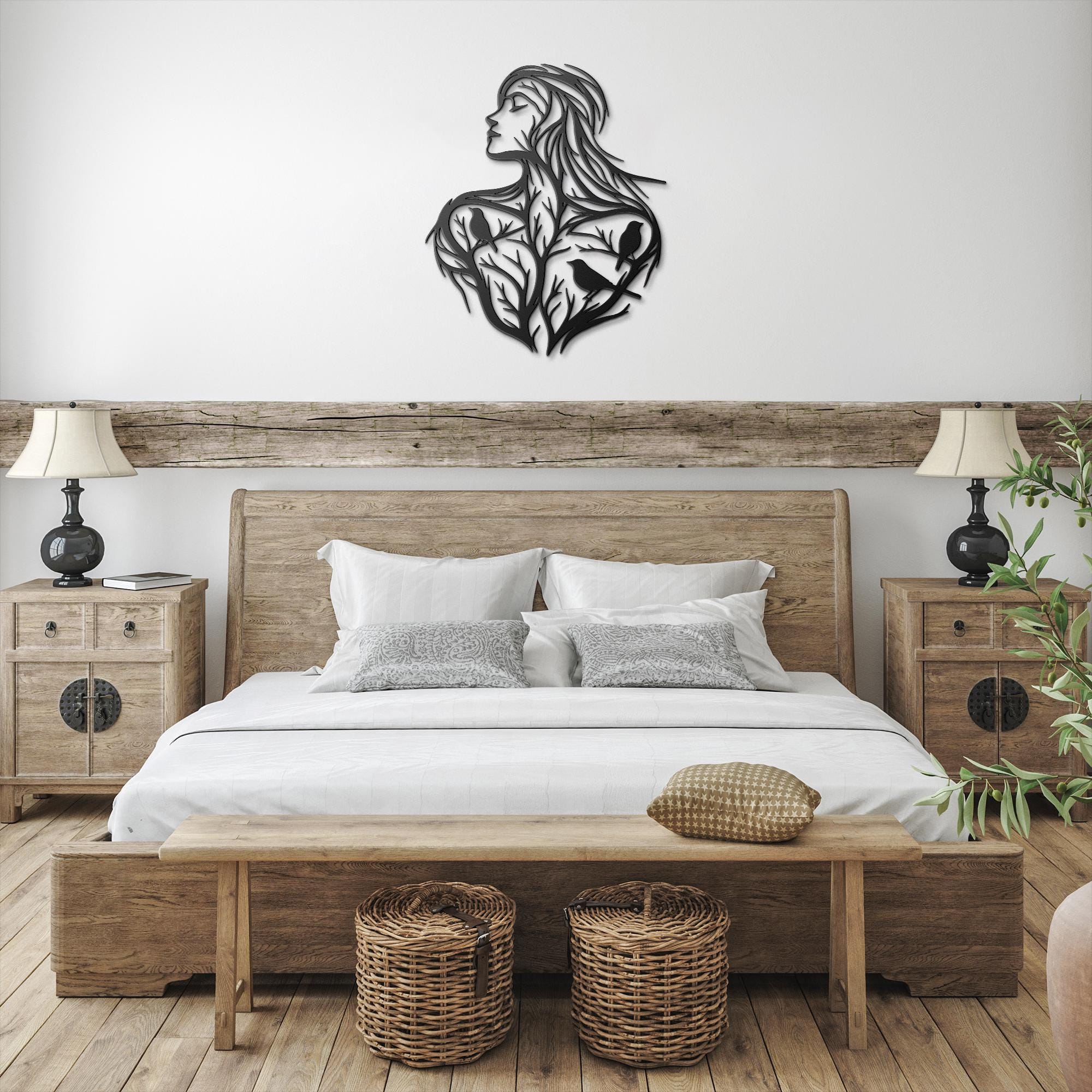 Tree of Life Woman Metal Wall Art | Boho Silhouette with Birds