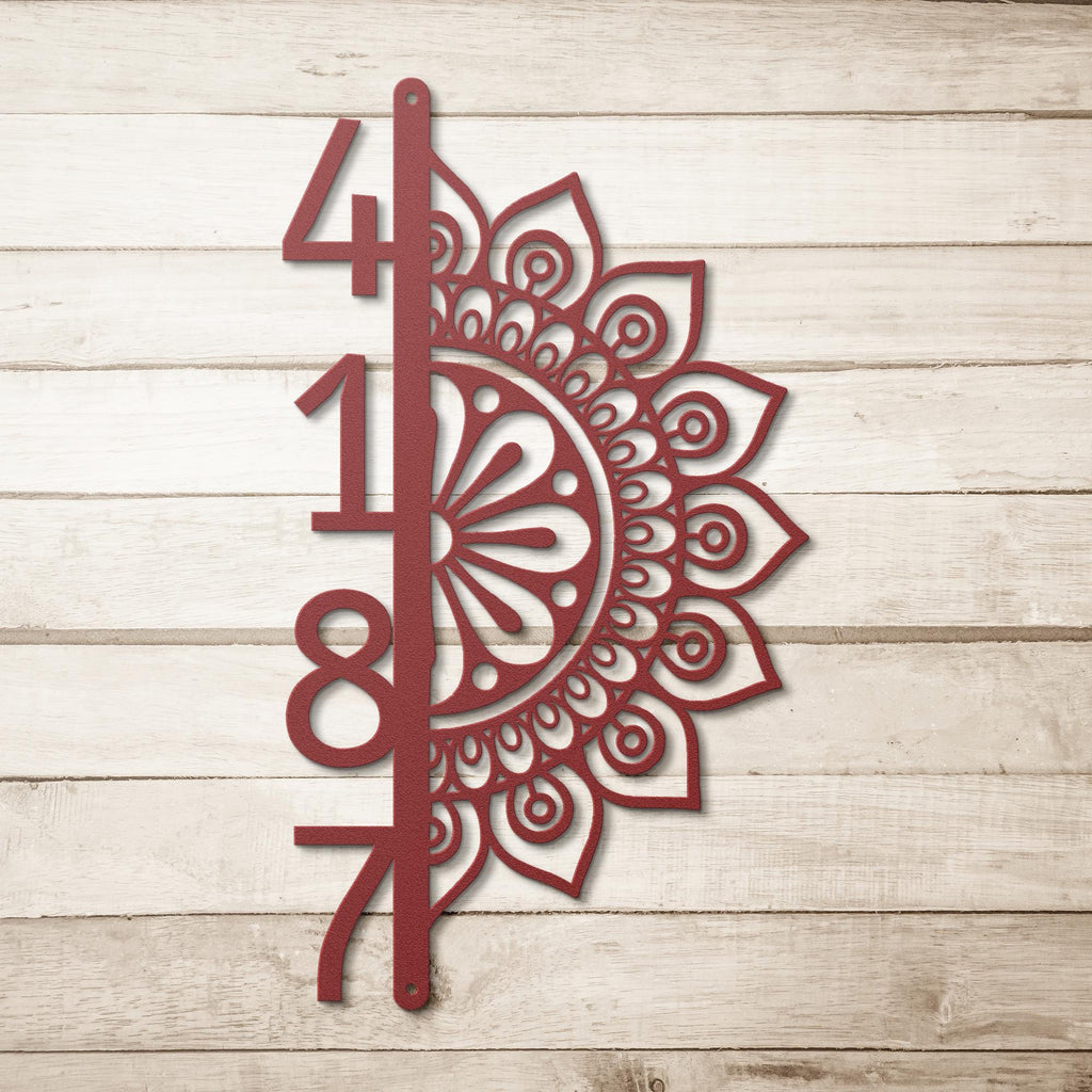 Vertical House Numbers Metal Sign, Half Mandala Address Plaque
