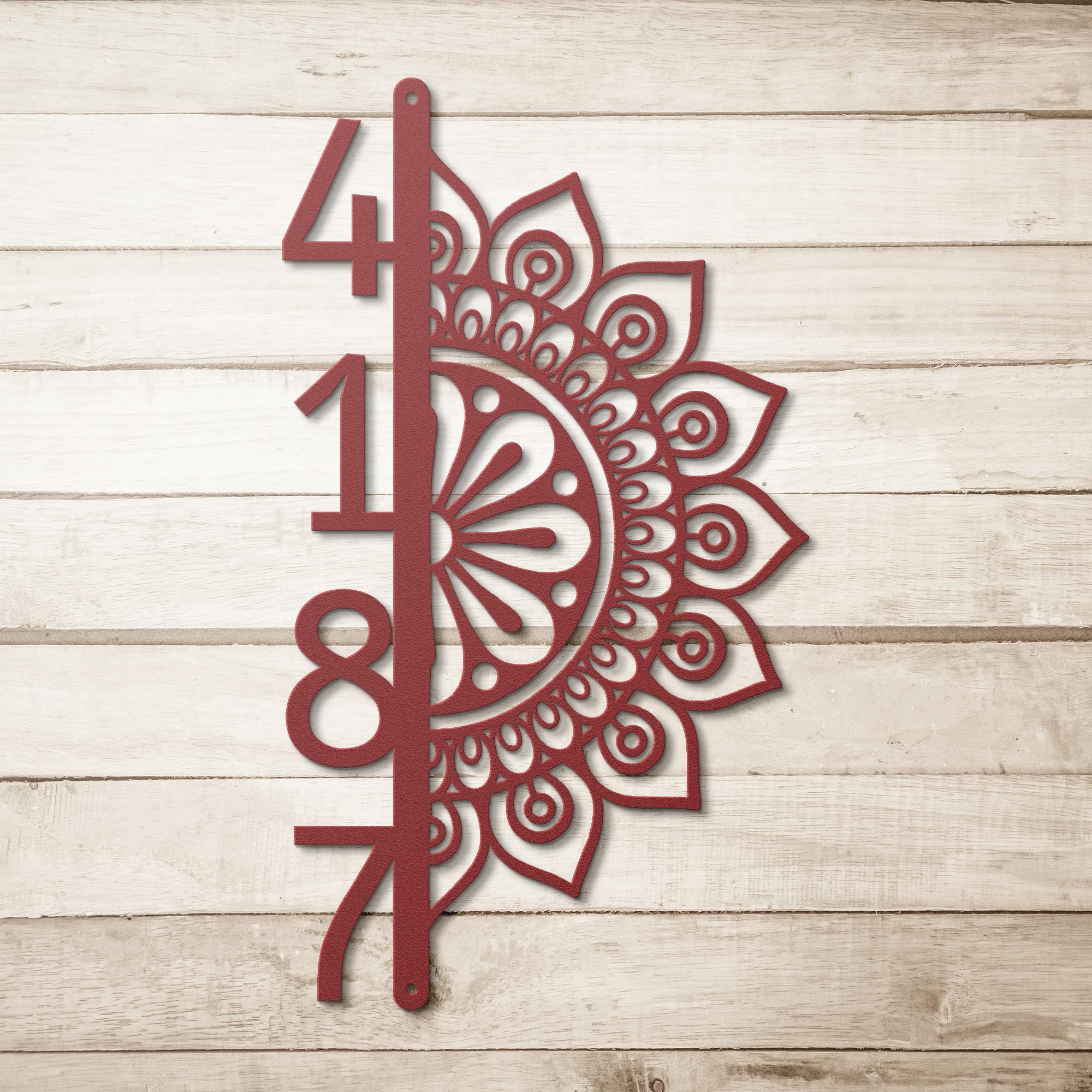 Vertical House Numbers Metal Sign, Half Mandala Address Plaque