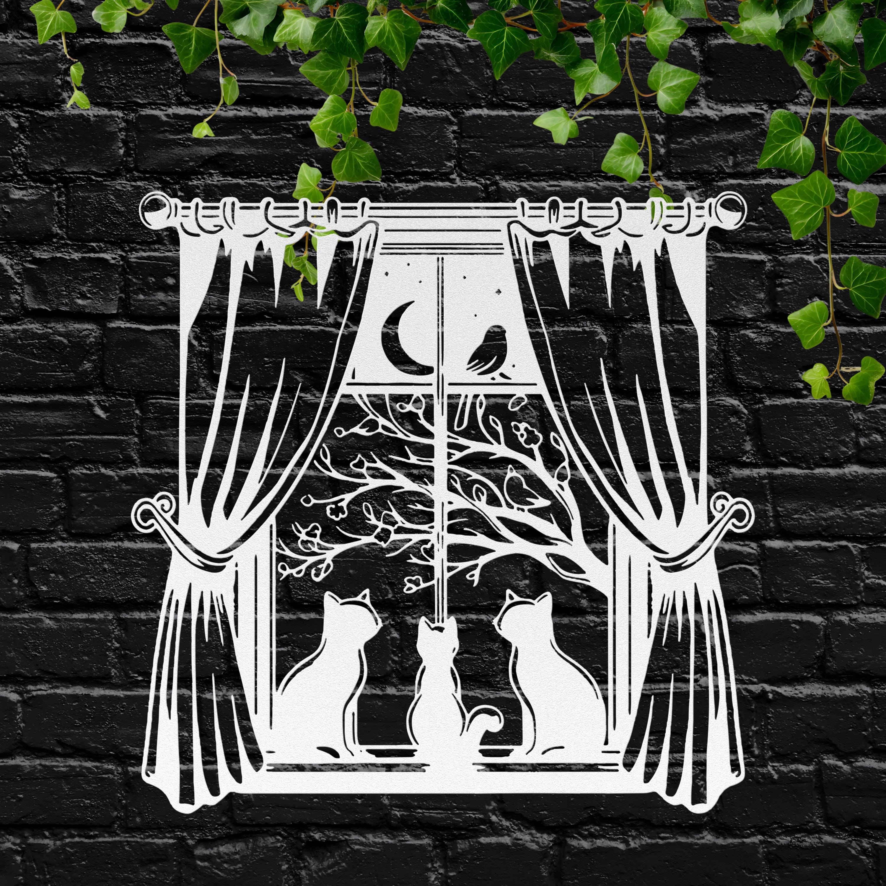 Cats Window Metal Wall Art, Moonlit Night Pet Decor, Cat Lover Gift, Feline Wall Sign