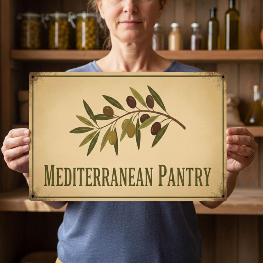 Mediterranean Pantry Metal Sign, Olive Branch Kitchen Decor, Rustic Farmhouse Wall Art