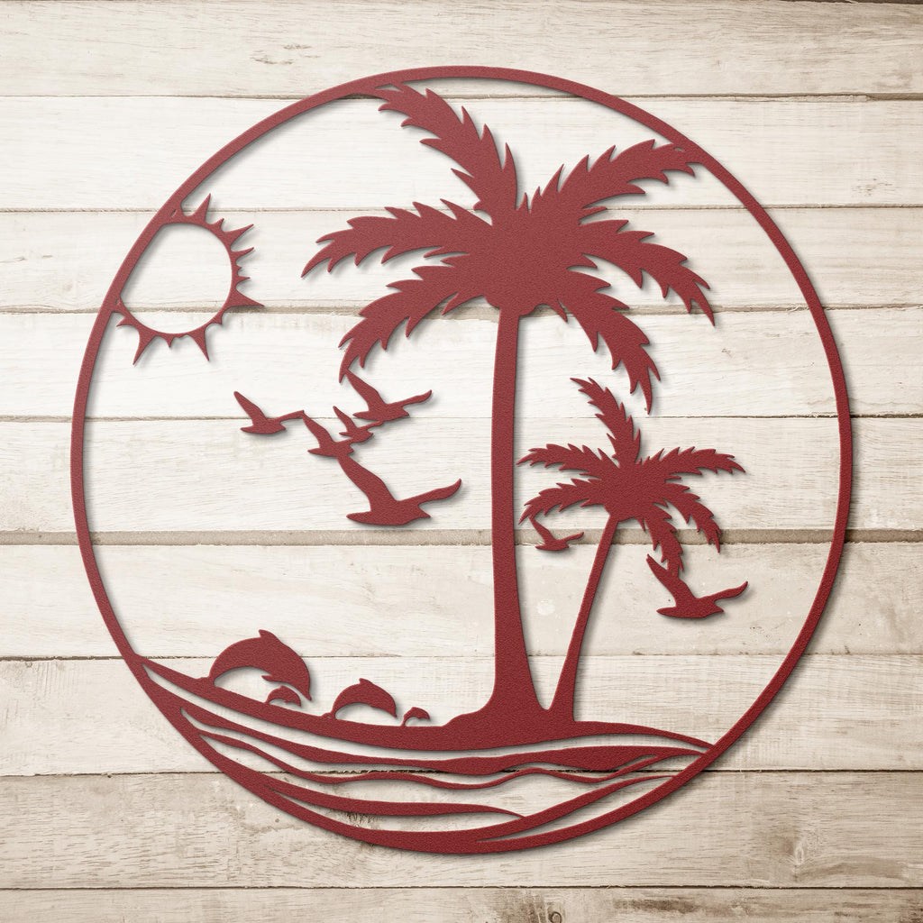 Tropical Beach Metal Wall Art, Palm Tree Dolphin Die Cut Sign, Coastal Island Home Decor Gift