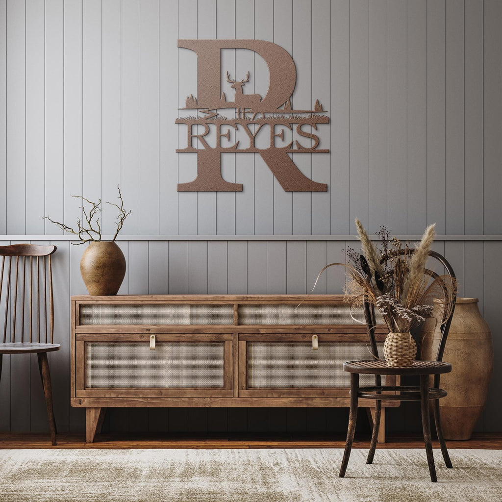 Personalized Split Letter Sign, Initial Deer Metal Monogram, Custom Family Name Sign, Rustic Hunting Decor, Die Cut Wall Art