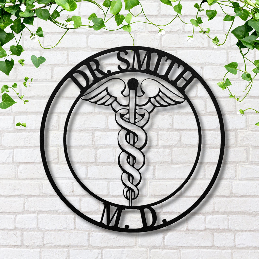 Personalized Metal Sign | Custom Doctor Sign with Steel Caduceus Emblem & Medical Office Decor