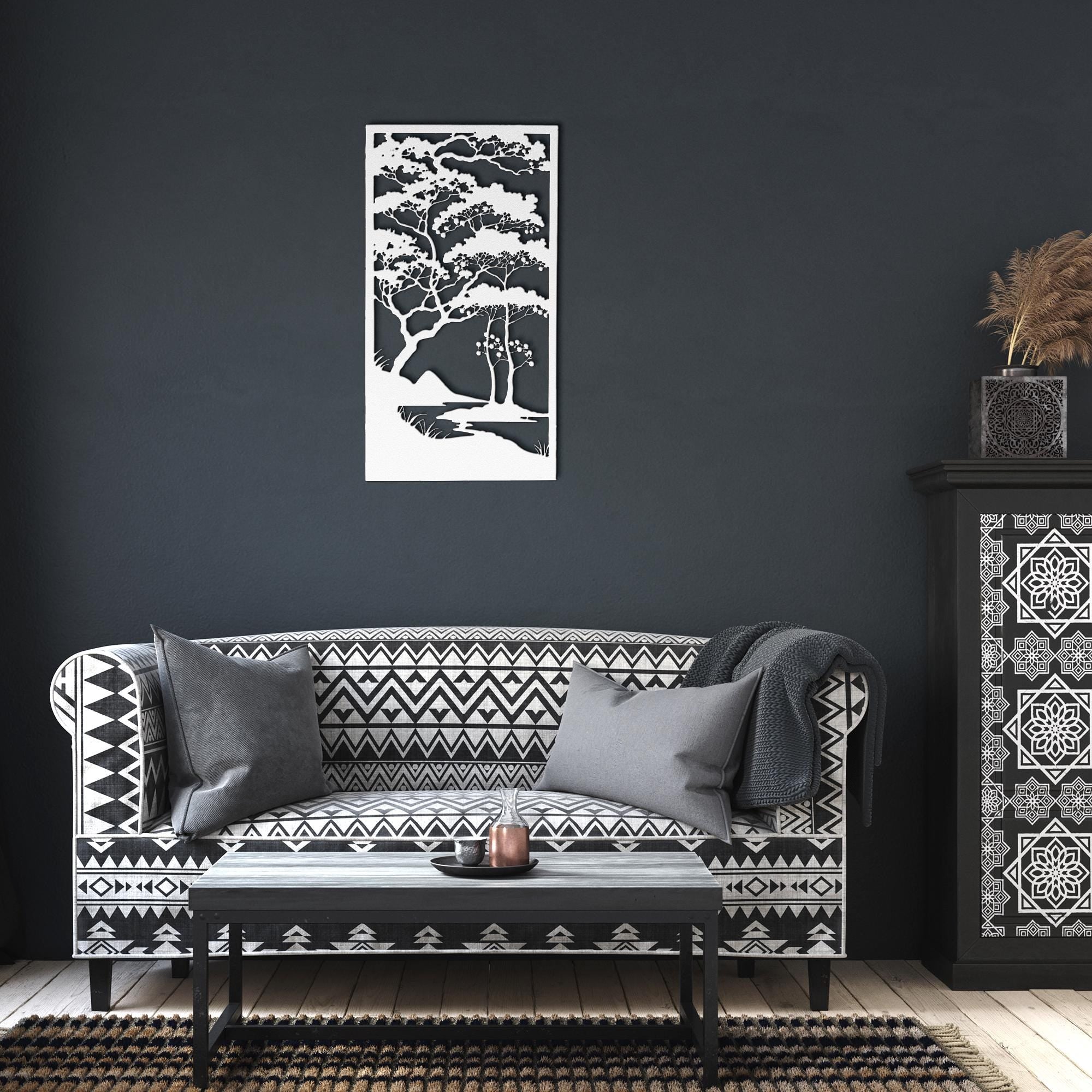 Japanese Pine Metal Wall Art, Zen Forest Tree Decor, Asian Style Landscape, Outdoor Sign