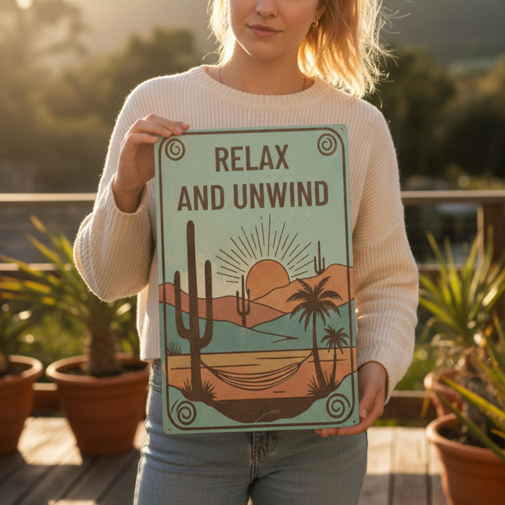 Desert Metal Sign - Boho Home Decor | Retro Sunrise Art | Relax Unwind Wall Decor