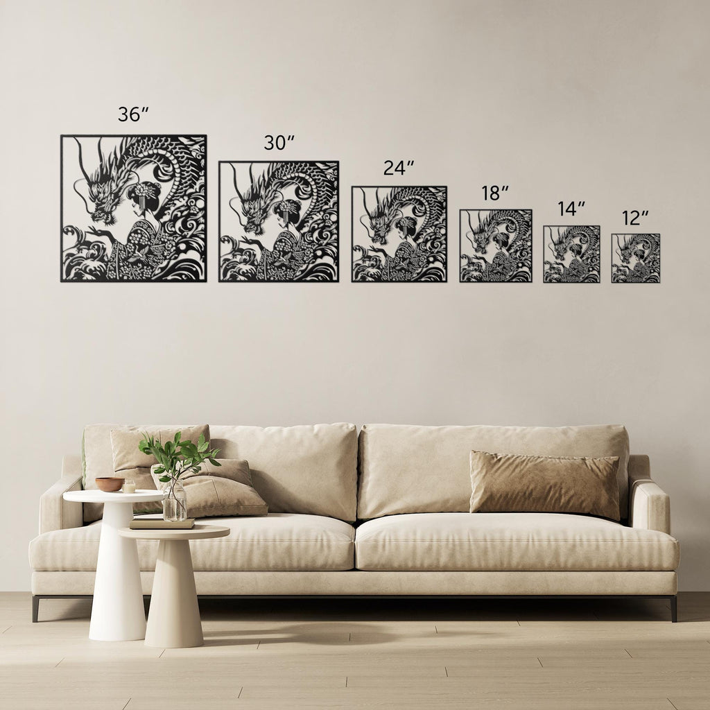 Dragon and Geisha Metal Wall Art, Japanese Floral Decor, Oriental Mythical Sign, Kimono Art