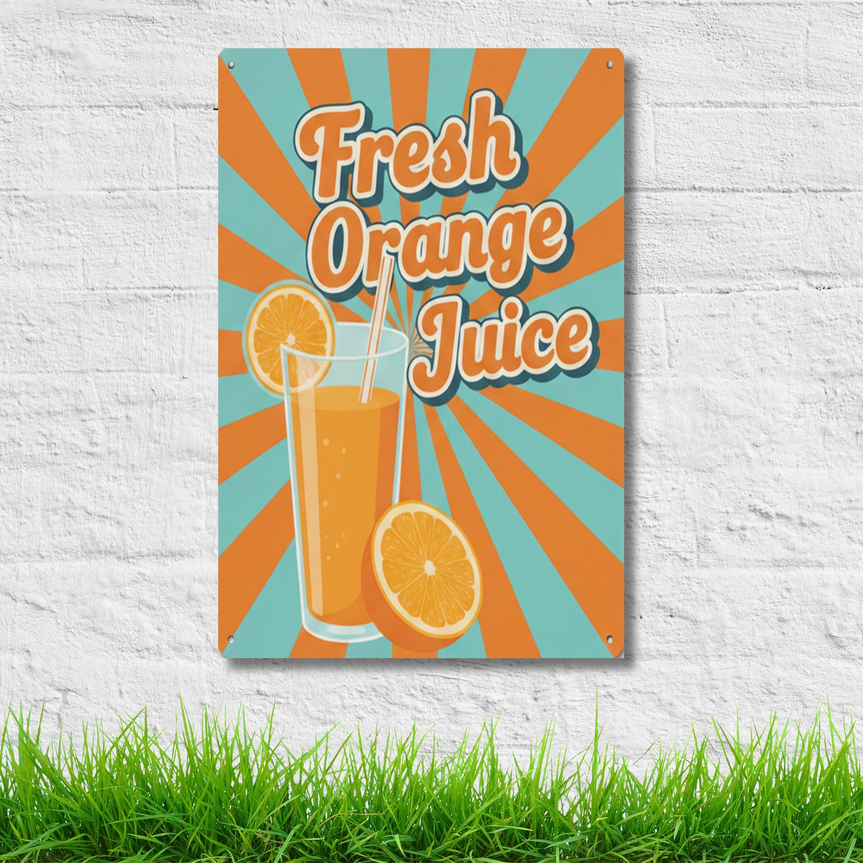 Vintage Fresh Orange Juice Metal Sign, Retro Kitchen Wall Decor, Diner Poster, Home Bar