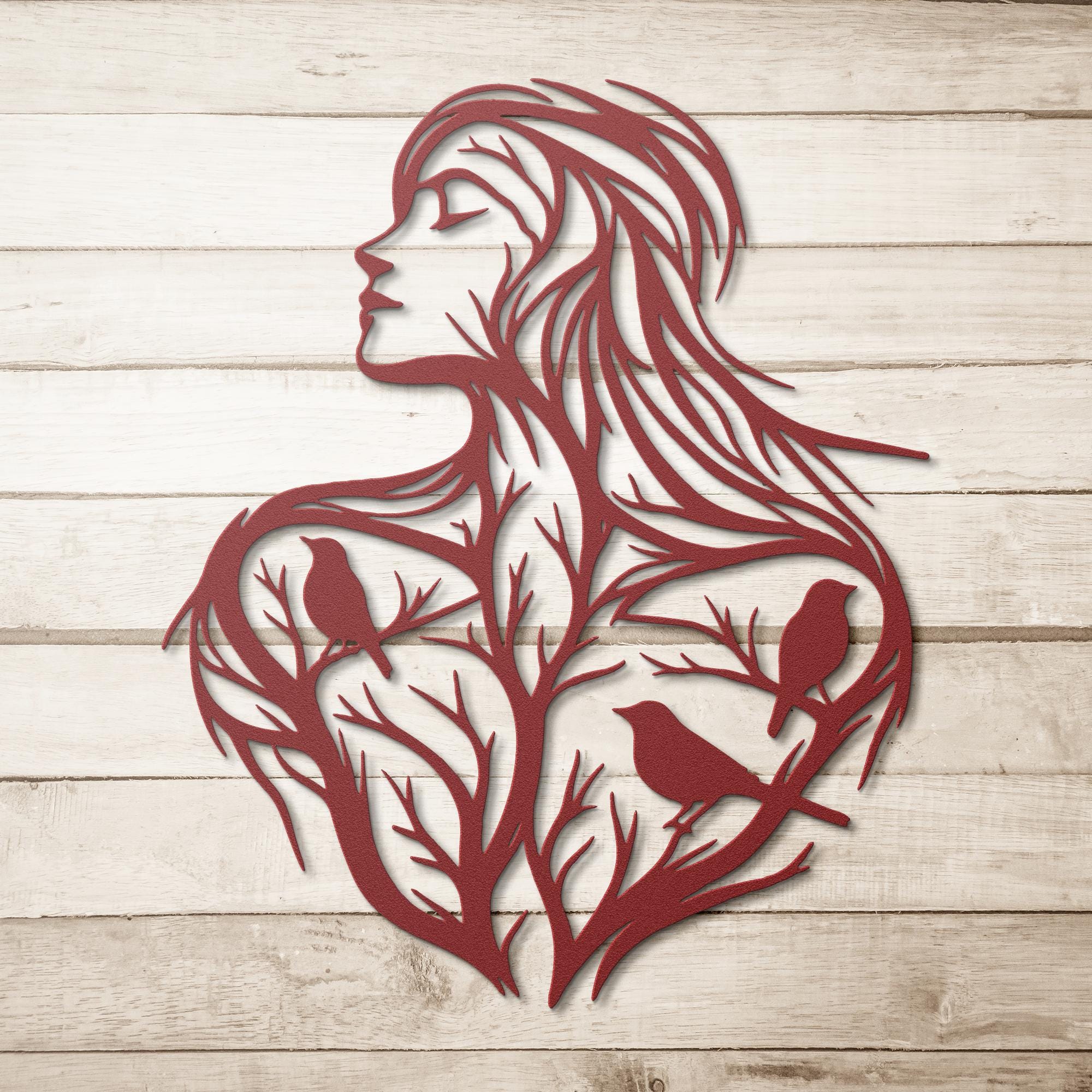 Tree of Life Woman Metal Wall Art | Boho Silhouette with Birds