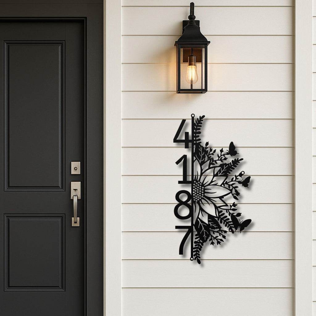 Vertical Sunflower Metal Address Sign, Custom House Numbers, Floral Plaque