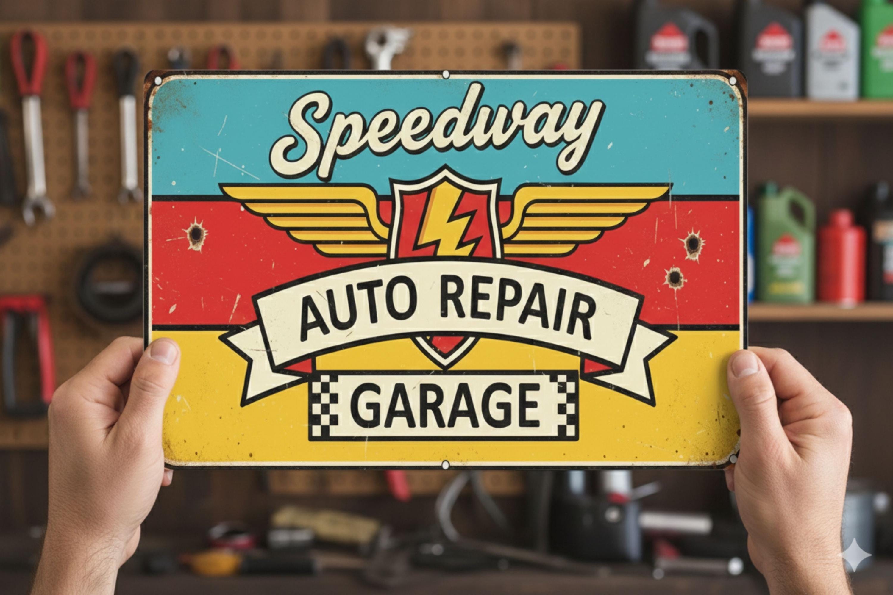 Vintage Metal Sign - Distressed Garage Wall Decor | Mechanic Workshop & Man Cave Art