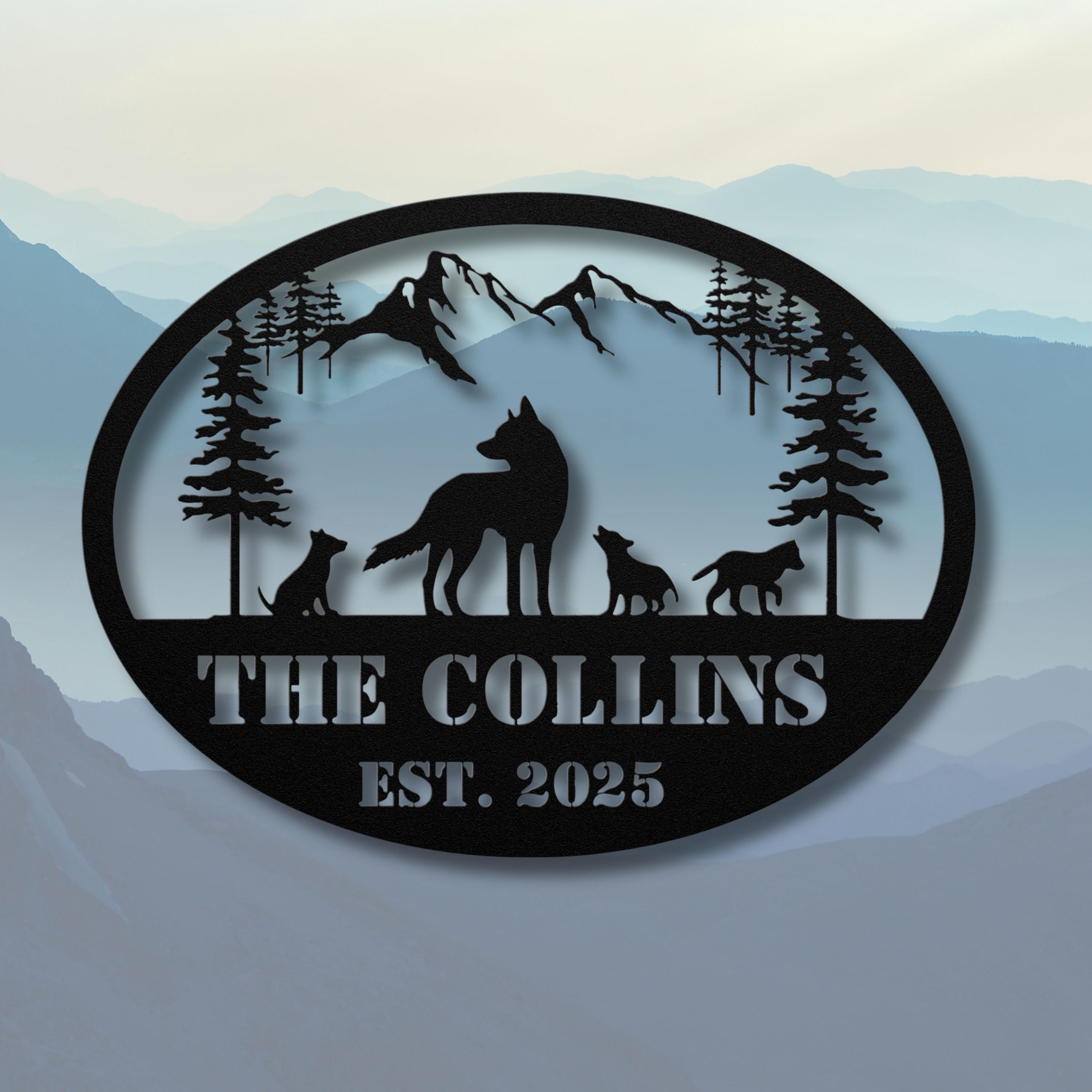Personalized Wolf Sign | Custom Metal Sign With Wolf Pack Silhouette & Mountain Wall Art