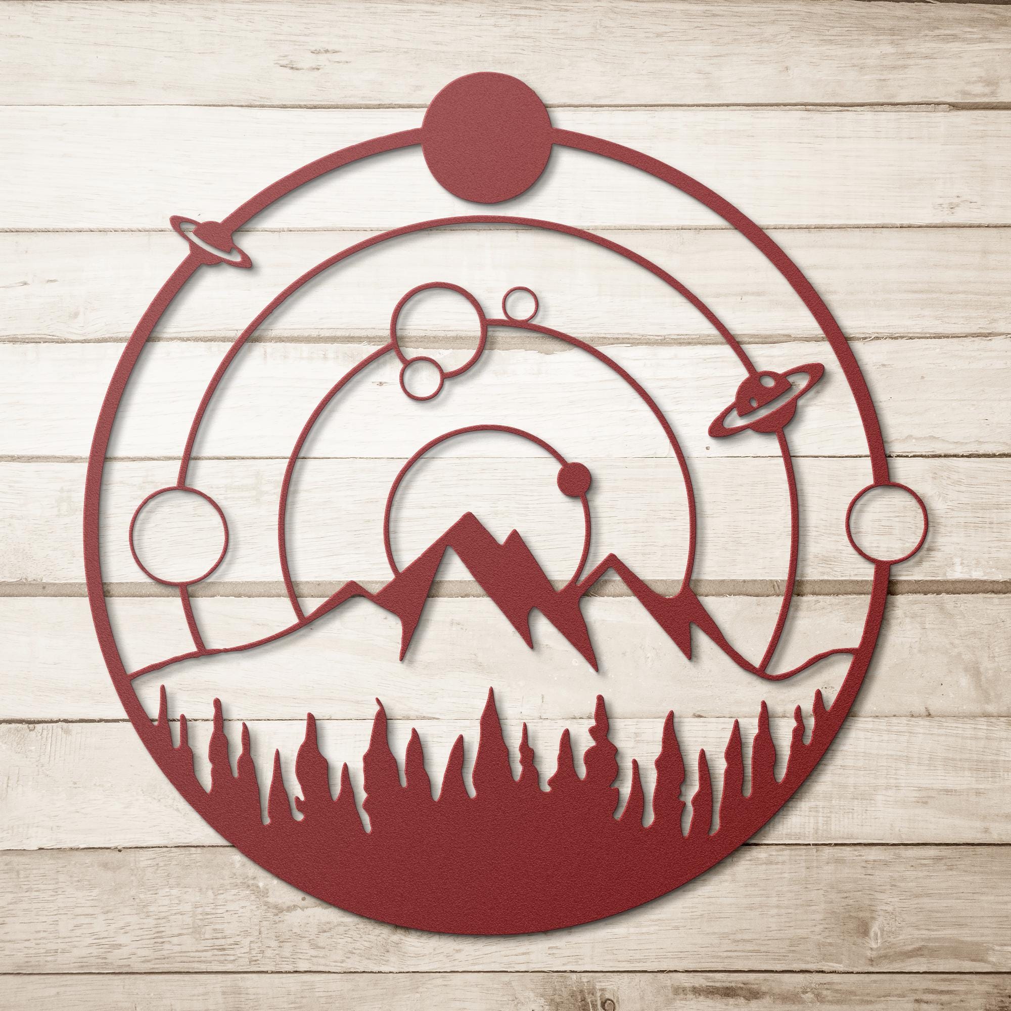 Cosmic Metal Wall Art – Mountain Metal Sign | Celestial Die Cut Forest Decor