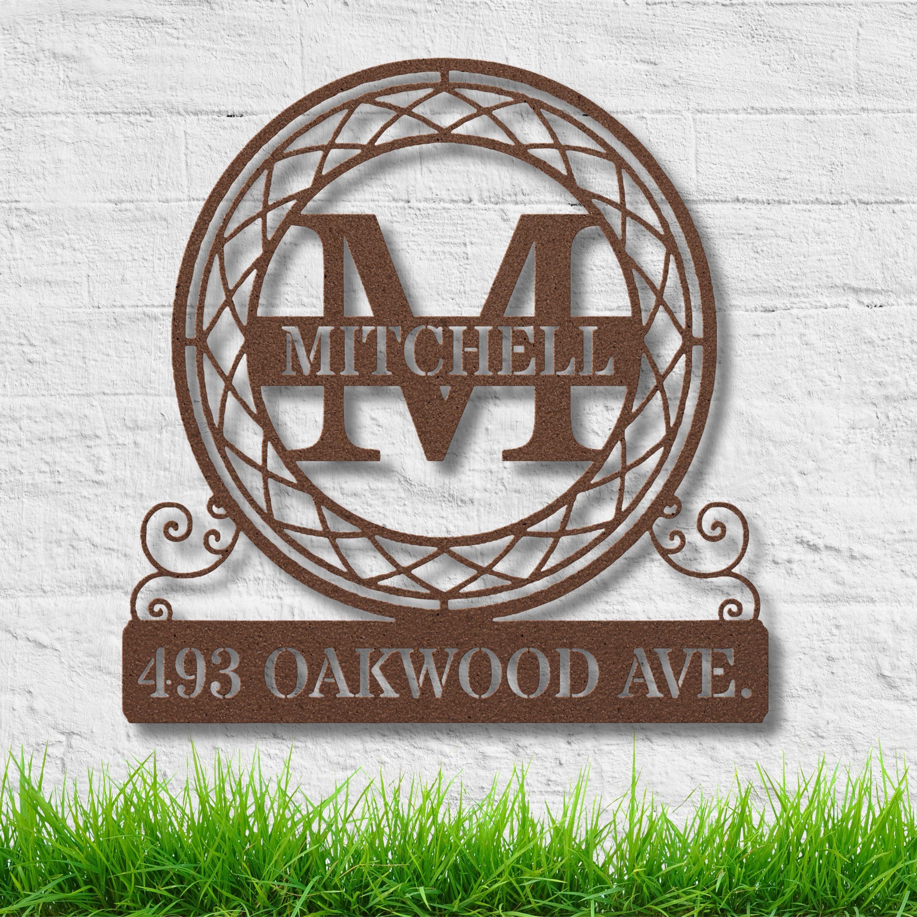 Custom Metal Address Sign - Round Metal Plaque with House Number & Family Monogram