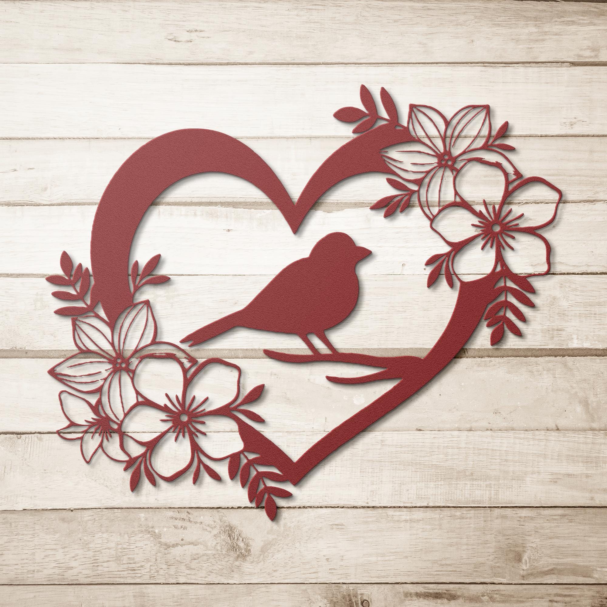 Heart Bird Metal Wall Art with Flowers | Nature Silhouette Home Decor | Love & Memorial Sign | Die-Cut Metal Gift