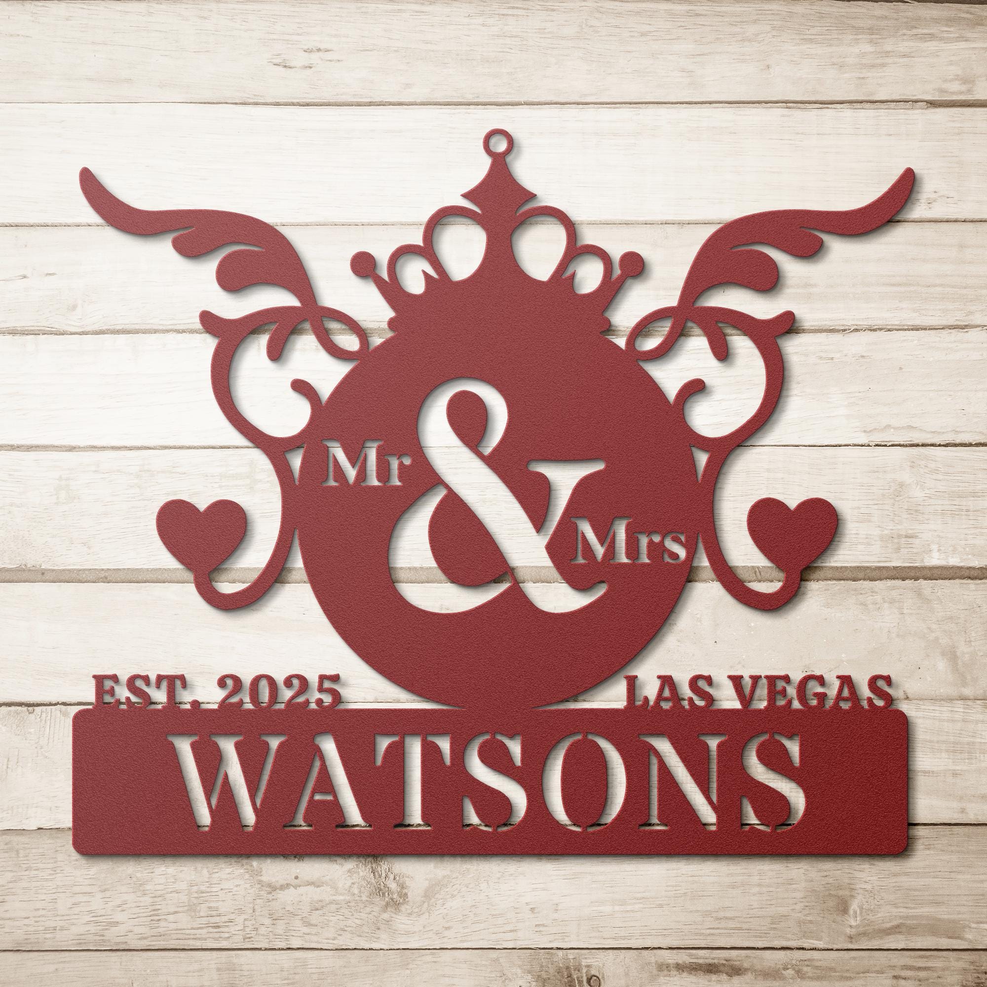 Personalized Wedding Sign, Mr & Mrs Monogram, Custom Last Name Metal Art, Crown Heart Die Cut