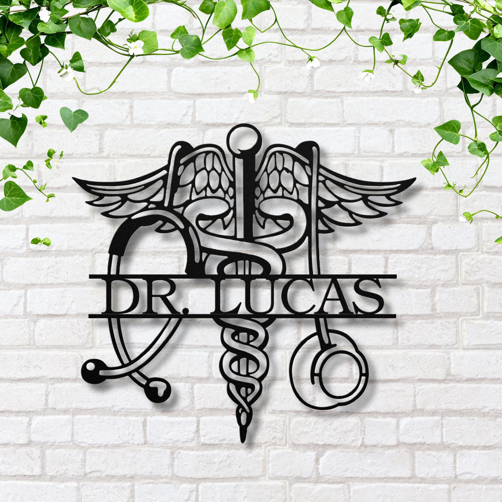 Personalized Doctor Metal Sign, Caduceus Stethoscope Art