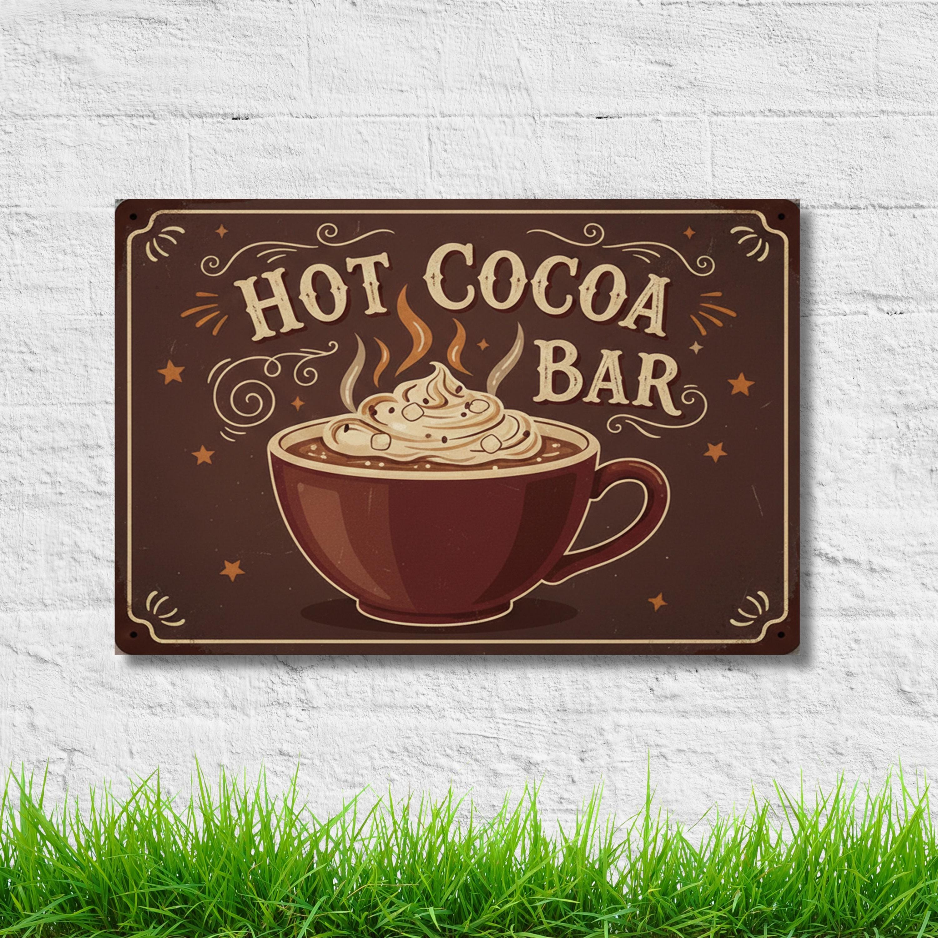 Vintage Hot Cocoa Bar Metal Sign, Winter Kitchen Decor, Cozy Drink Wall Art, Cocoa Station