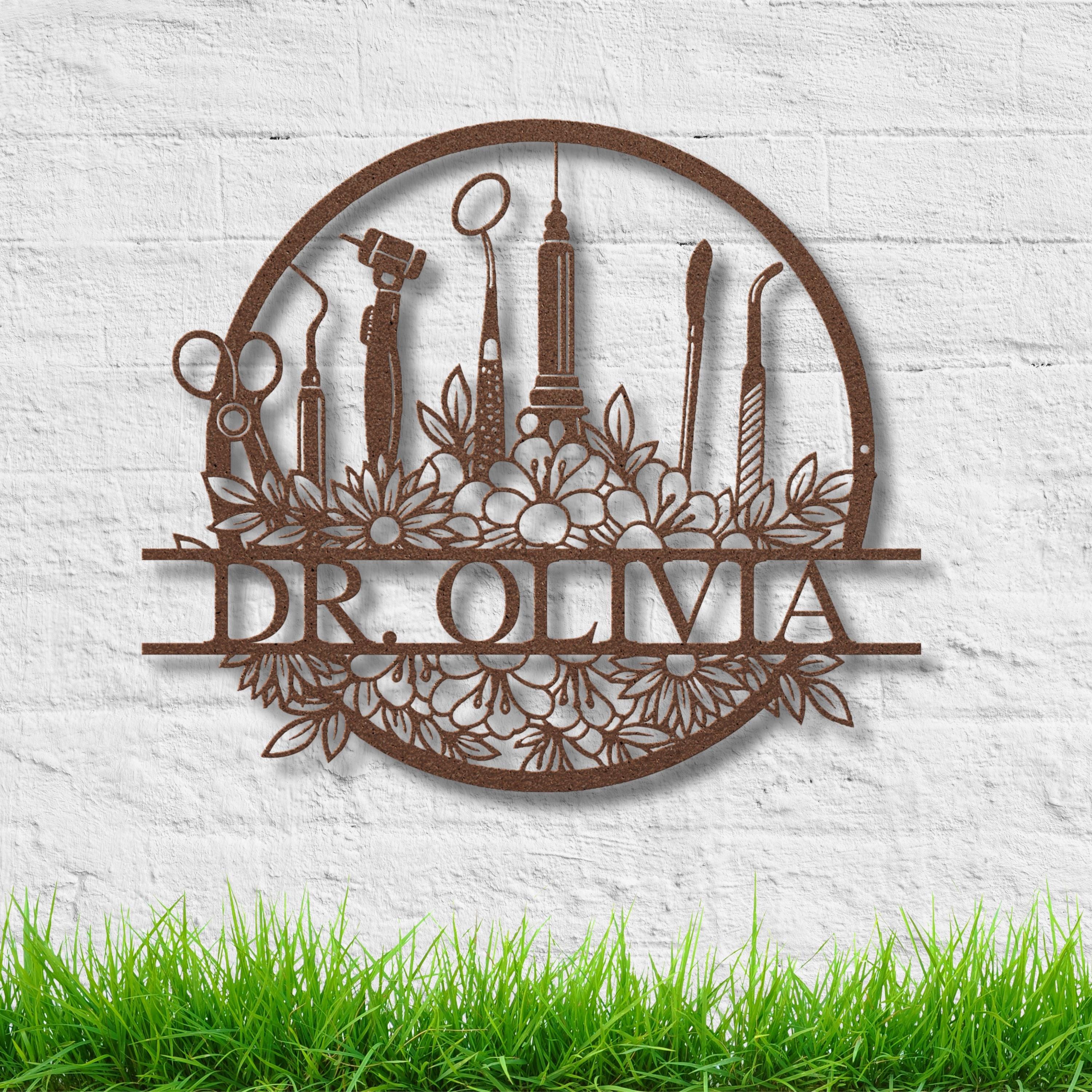 Personalized Dentist Metal Sign, Floral Dental Office Decor