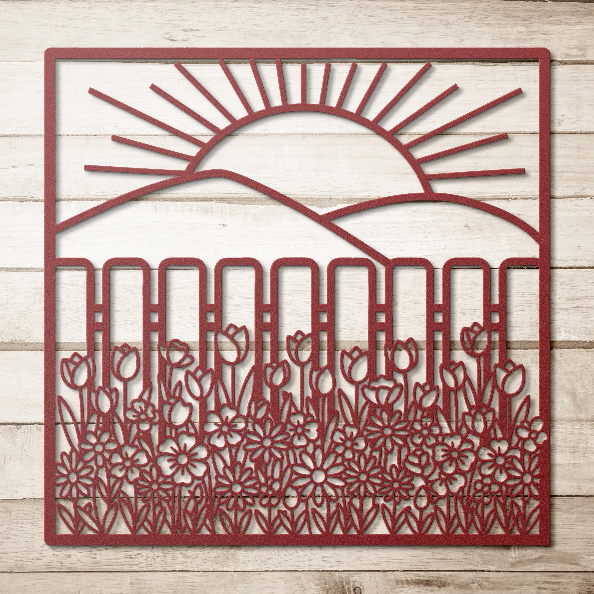 Metal Garden Fence Wall Art, Sunrise Landscape, Spring Flowers