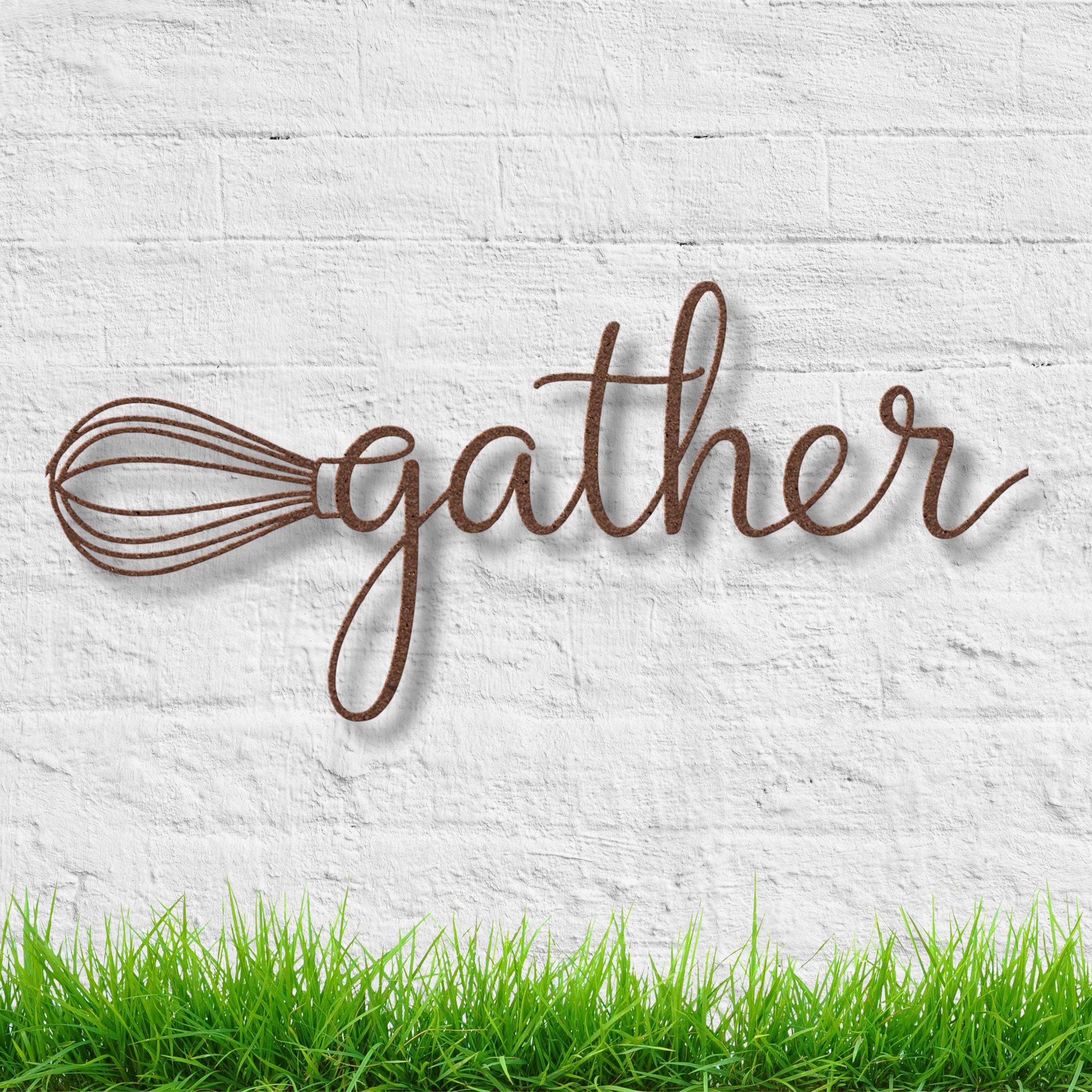 Gather Whisk Metal Wall Art | Kitchen Die Cut Sign, Farmhouse Decor, Cooking & Baking Gift, Script Word Sign