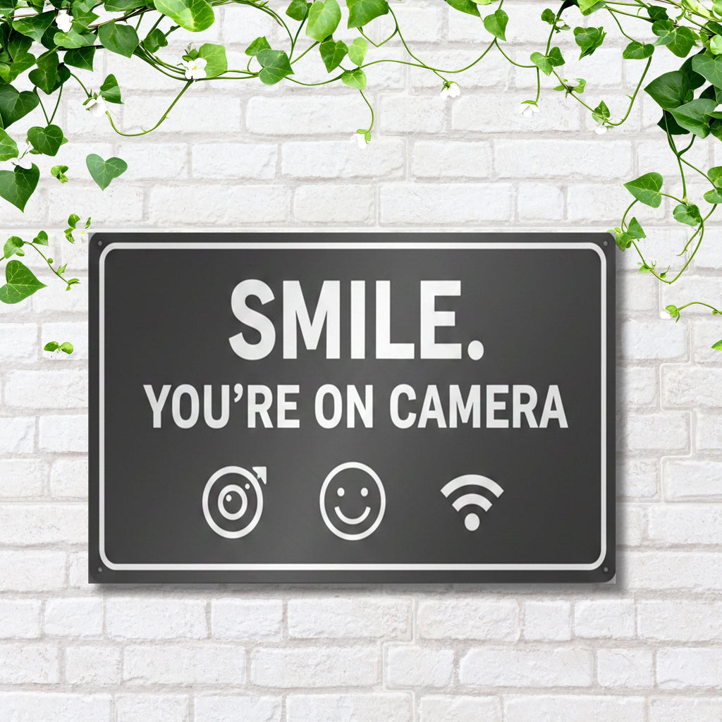 Smile You're On Camera Metal Sign, Security Warning, CCTV Notice, Home Safety Decor