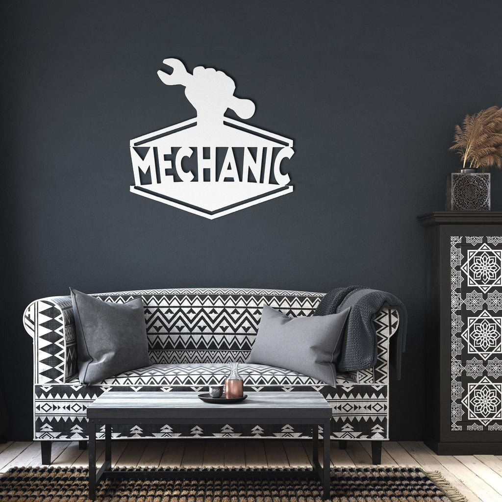 Mechanic Metal Business Logo Sign - Wrench in Hand Design