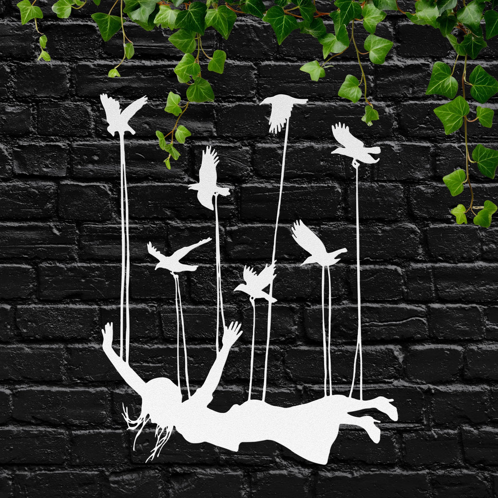 Surreal Woman Flying with Birds Metal Art, Inspirational Wall Sign, Freedom Home Decor