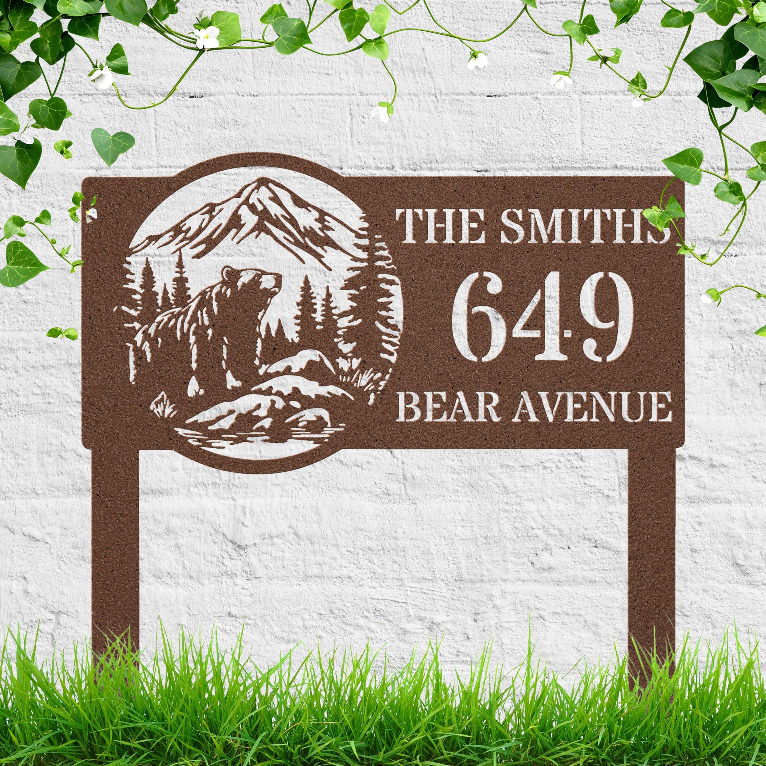 Personalized Metal Sign - Rustic Bear Themed House Number Plaque | Durable Steel Yard Stake
