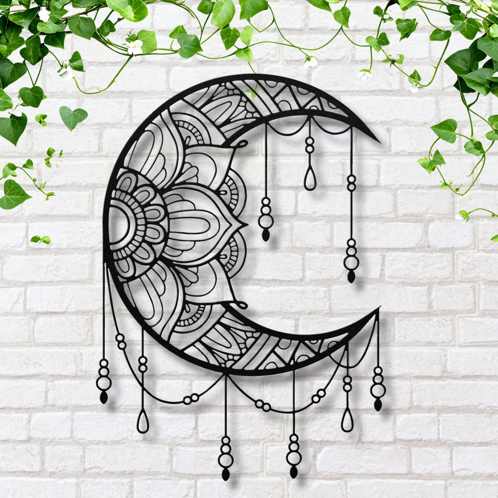 Mandala Crescent Moon Black Metal Cutout - Intricate Mandala Design Boho Wall Art