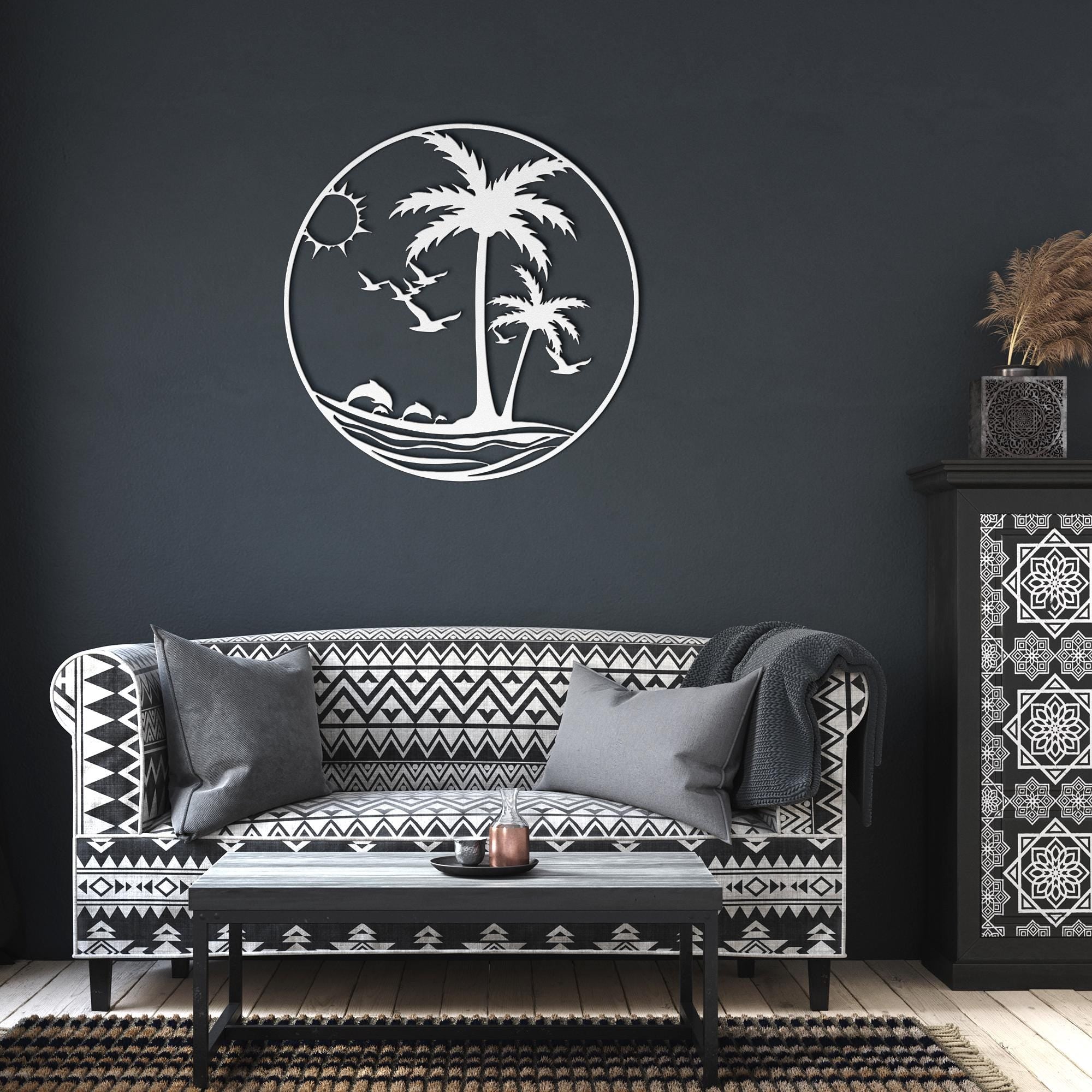 Tropical Beach Metal Wall Art, Palm Tree Dolphin Die Cut Sign, Coastal Island Home Decor Gift
