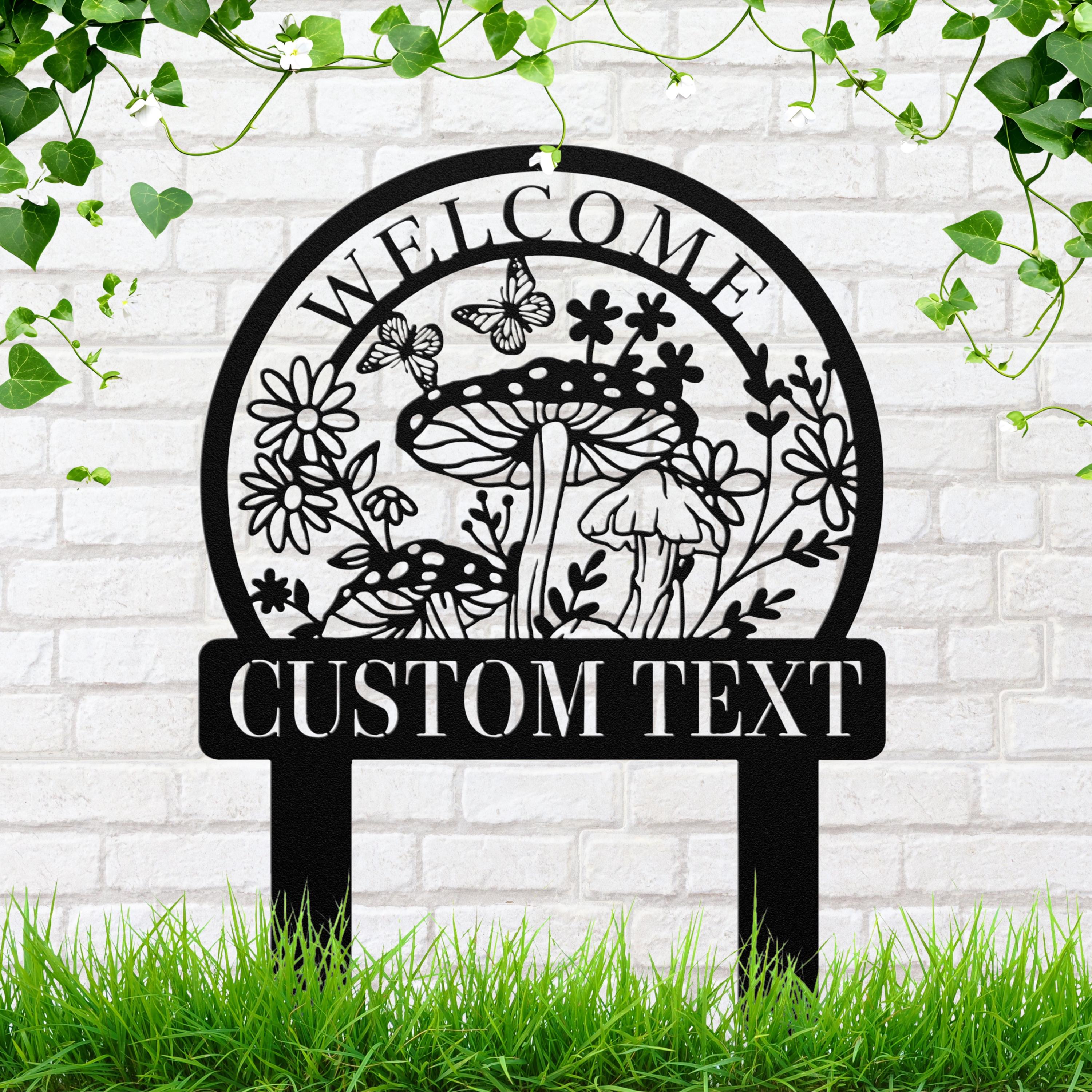 Personalized Welcome Mushroom Metal Sign, Butterfly Garden Stake, Custom Outdoor Gift