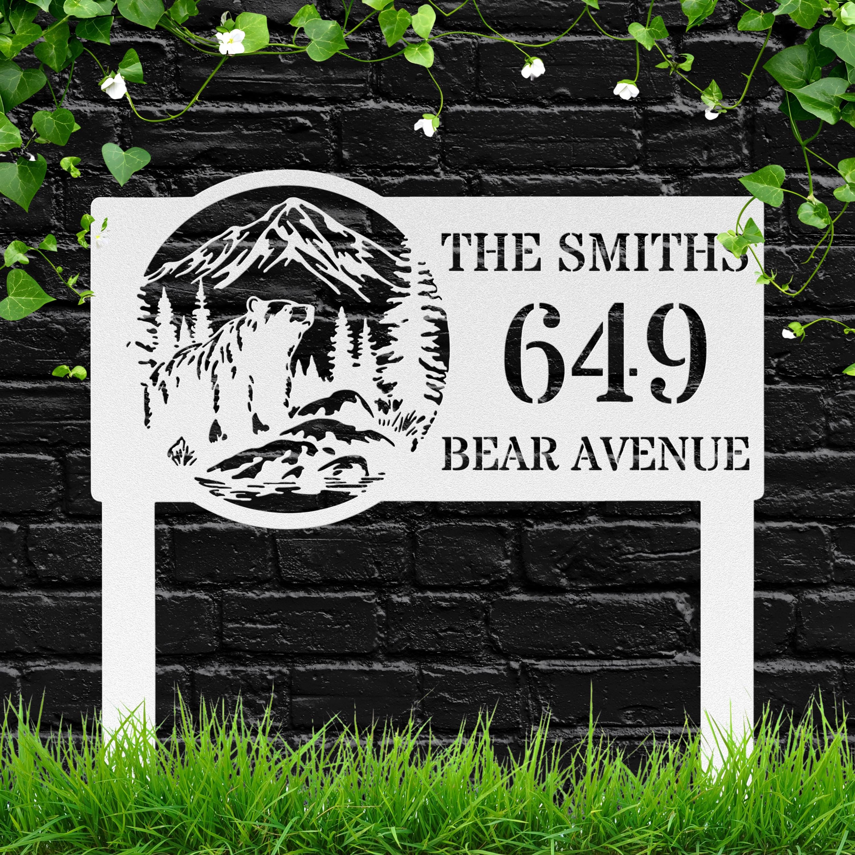 Personalized Metal Sign - Rustic Bear Themed House Number Plaque | Durable Steel Yard Stake