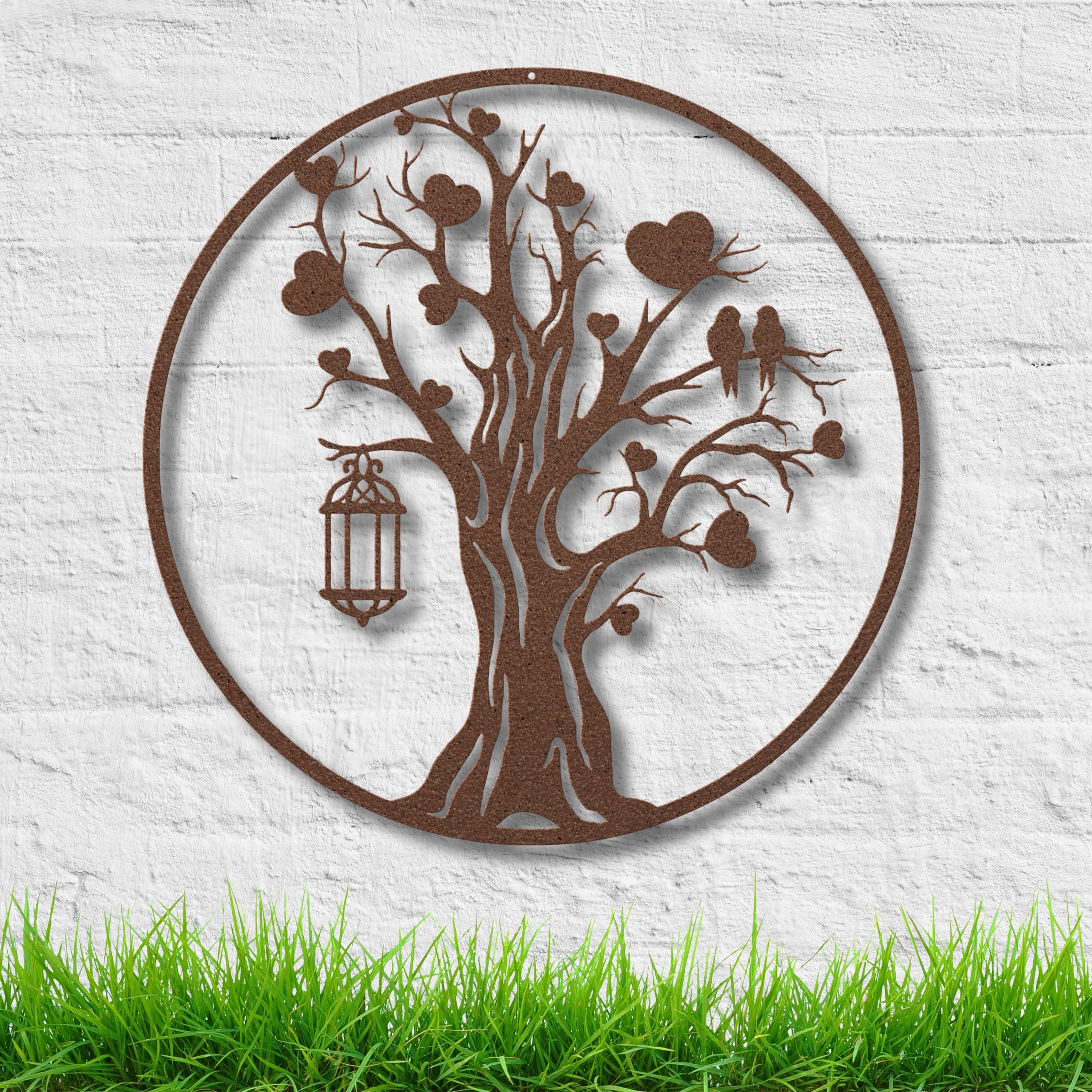 Tree of Life Metal Art – Heart Tree Sign With Love Birds Lantern, Family Sculpture