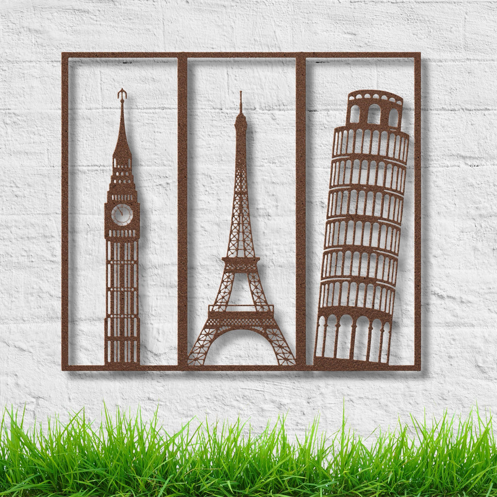Metal Wall Art Landmarks, Eiffel Tower Big Ben Pisa Decor, Travel Gift World Map
