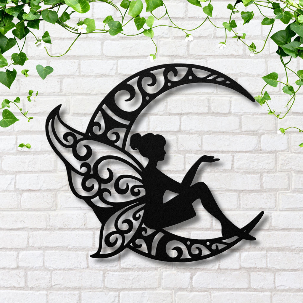 Fairy Metal Art – Crescent Moon Sign | Whimsical Wall Decor, Unique Black Nursery Hanging
