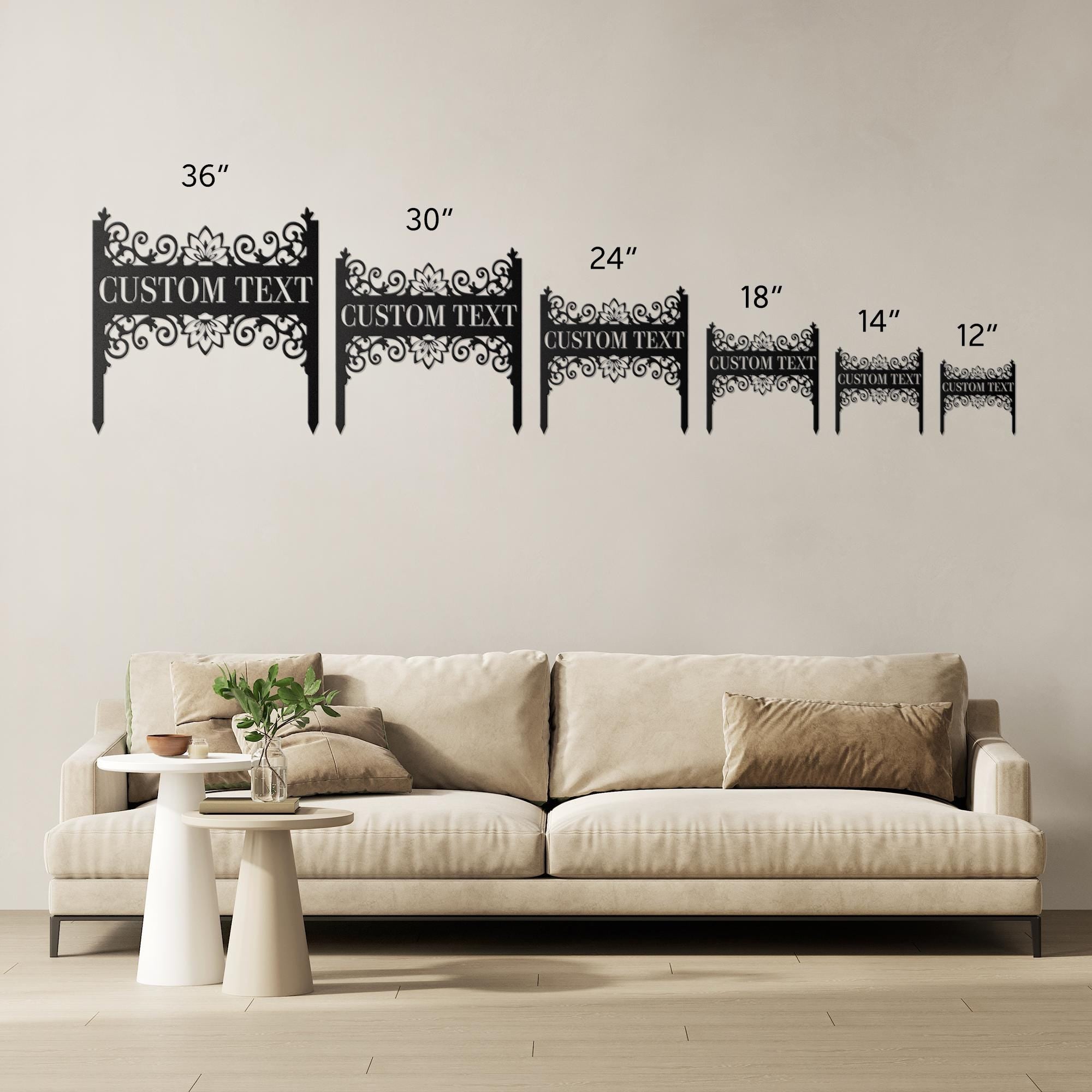 Elegant Scrollwork Metal Garden Stake, Personalized Die-Cut Floral Custom Text Sign, Decorative Plant Marker, Monogram Gift