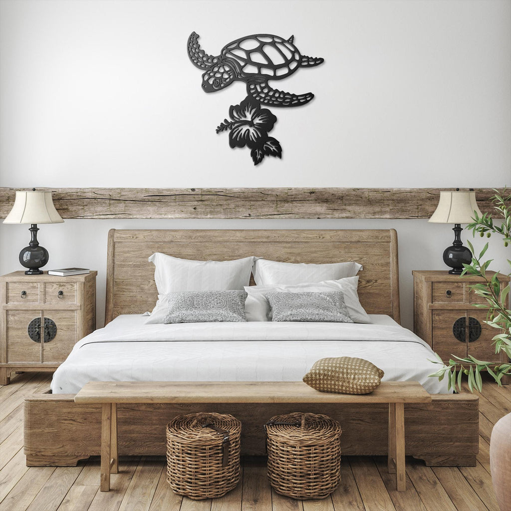 Sea Turtle Metal Wall Art: Hibiscus Flower Coastal Decor