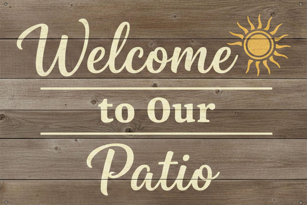 Welcome to Our Patio Metal Sign | Outdoor Summer Decor | Sun Porch Wall Art | Rustic Wood Grain Plaque | Backyard Deck Decor