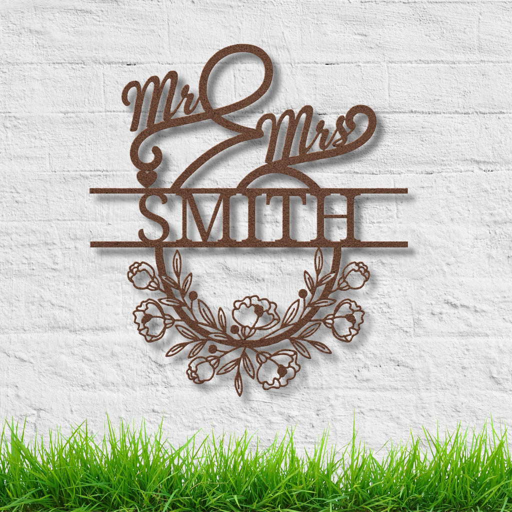 Personalized Mr. & Mrs. Metal Sign, Custom Last Name Wedding Gift, Floral Wreath Wall Decor