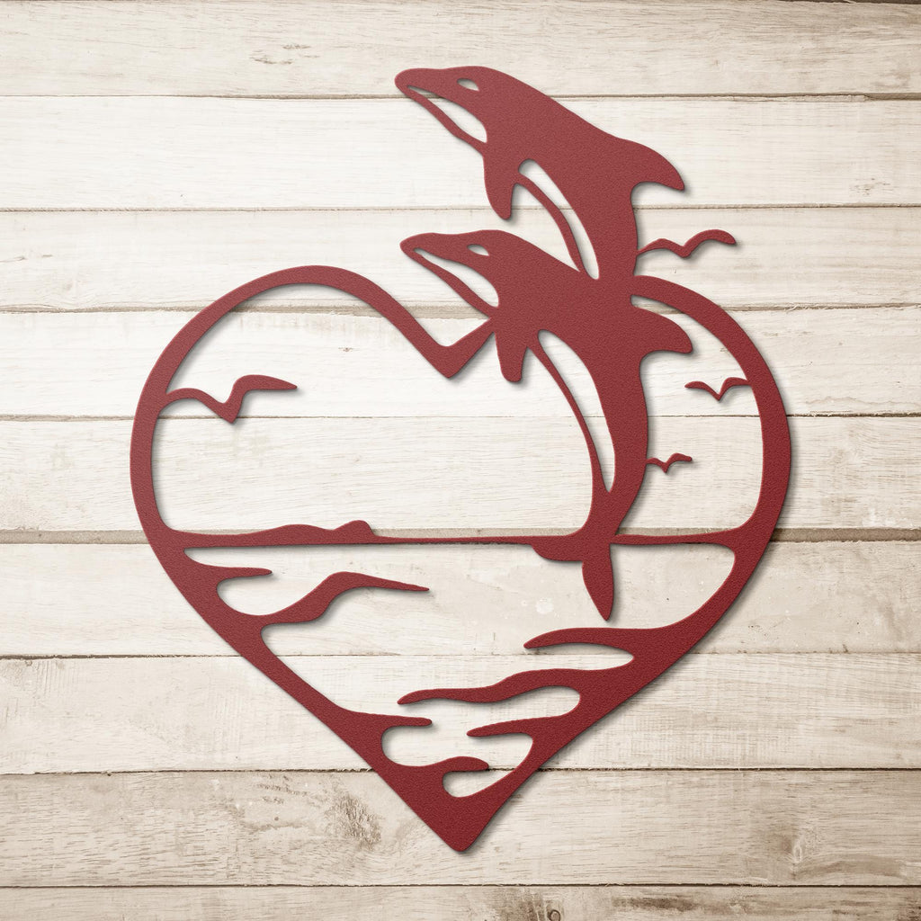 Dolphins in Heart Metal Wall Art: Romantic Ocean Decor
