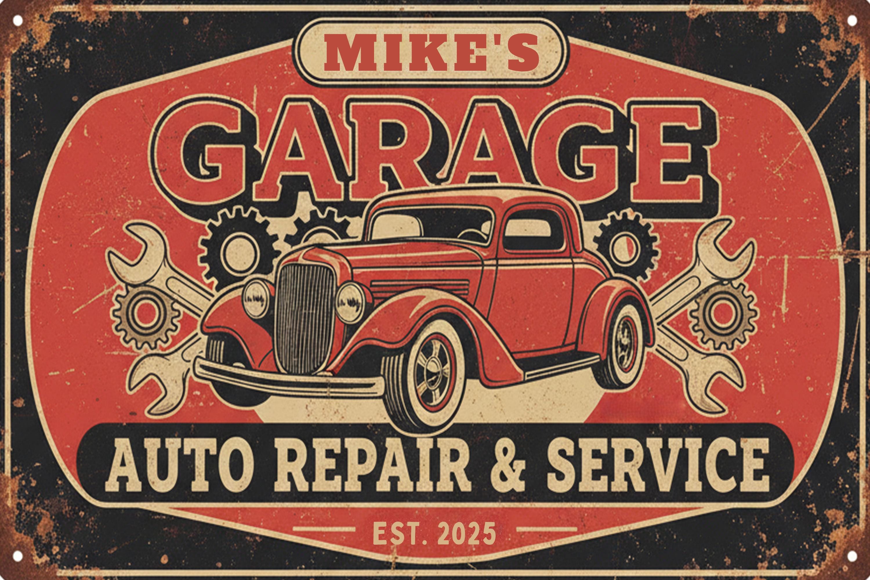 Personalized Garage Sign, Custom Auto Repair Metal Plaque, Vintage Hot Rod Art, Est. Date Man Cave Decor, Retro Mechanic Workshop Gift