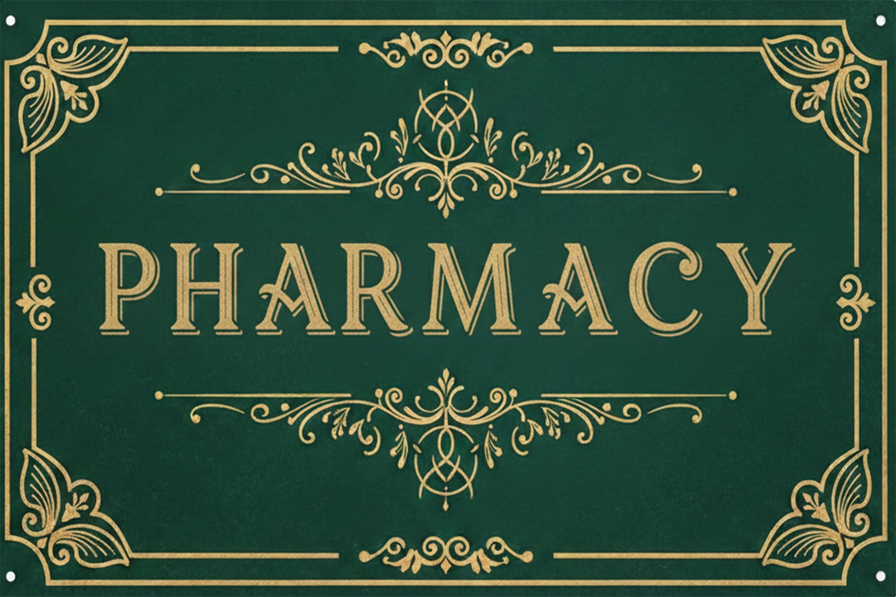 Vintage Pharmacy Metal Sign, Apothecary Wall Art Decor, Elegant Green and Gold Drugstore Plaque