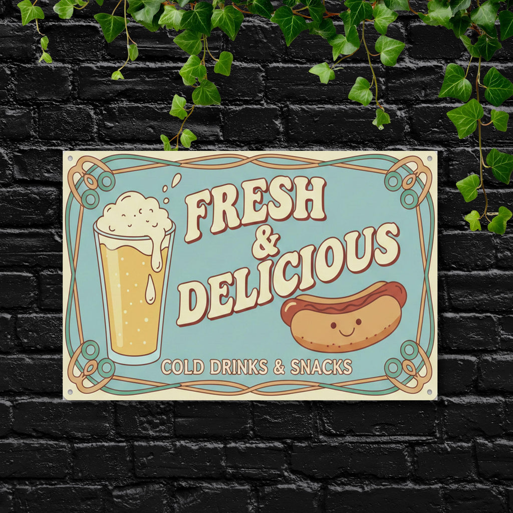 Fresh and Delicious Metal Sign, Hot Dog and Beer Wall Art, Retro Diner Decor