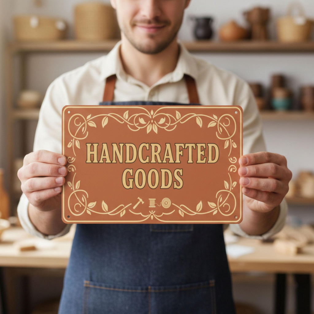 Rustic Handcrafted Goods Sign, Artisan Shop Metal Plaque, Home Decor Craft Show Display