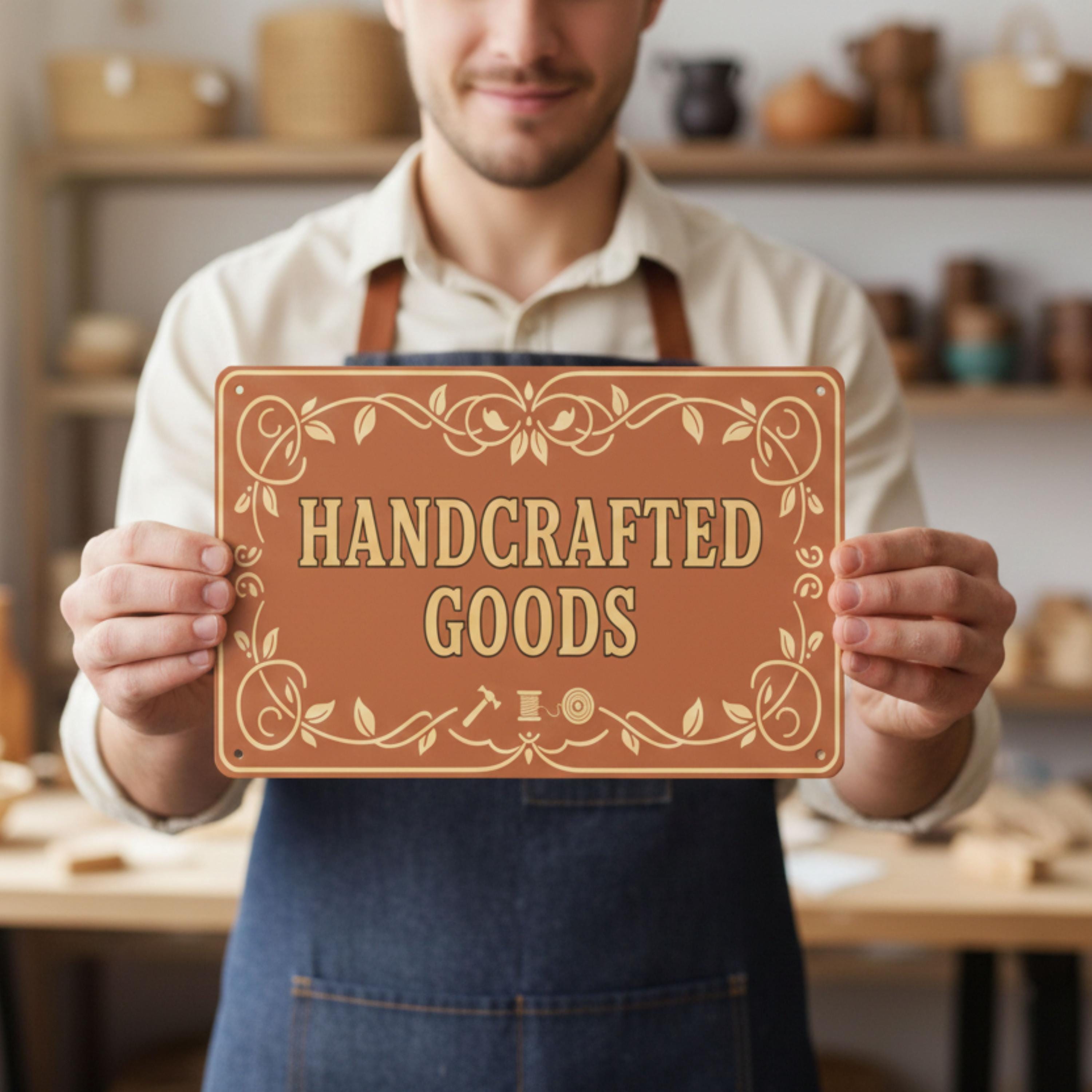 Rustic Handcrafted Goods Sign, Artisan Shop Metal Plaque, Home Decor Craft Show Display