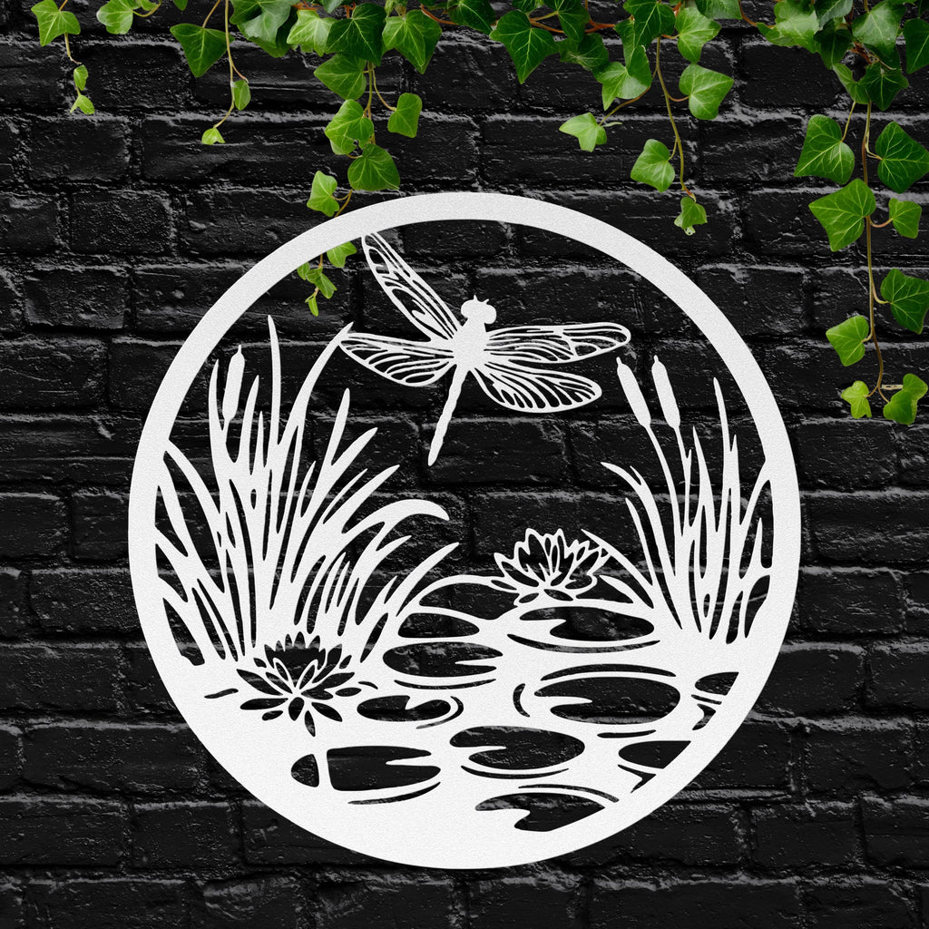 Dragonfly Metal Wall Art, Pond Scene Sign, Lily Pad and Cattail Decor, Nature Inspired Die Cut, Insect Garden Gift